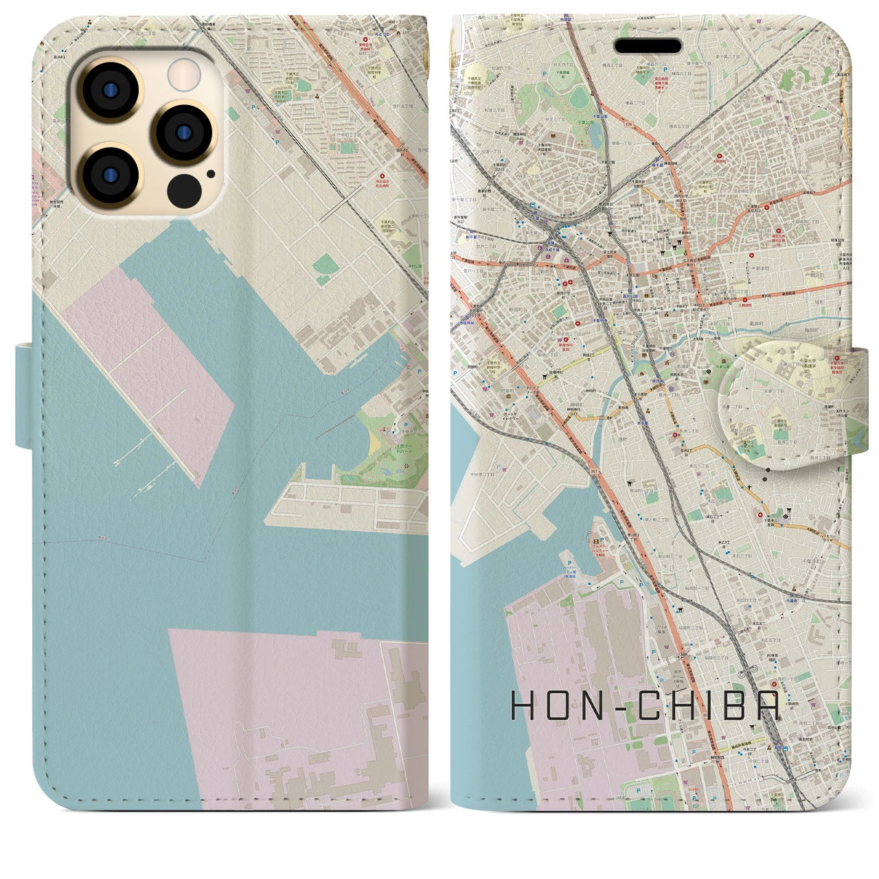 【本千葉（千葉県）】地図柄iPhoneケース（手帳タイプ）ナチュラル・iPhone 12 Pro Max 用