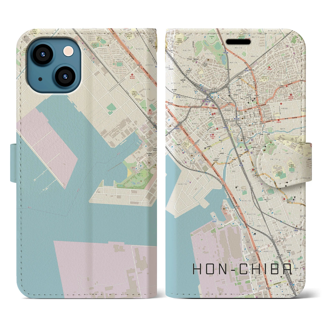 【本千葉（千葉県）】地図柄iPhoneケース（手帳タイプ）ナチュラル・iPhone 13 用