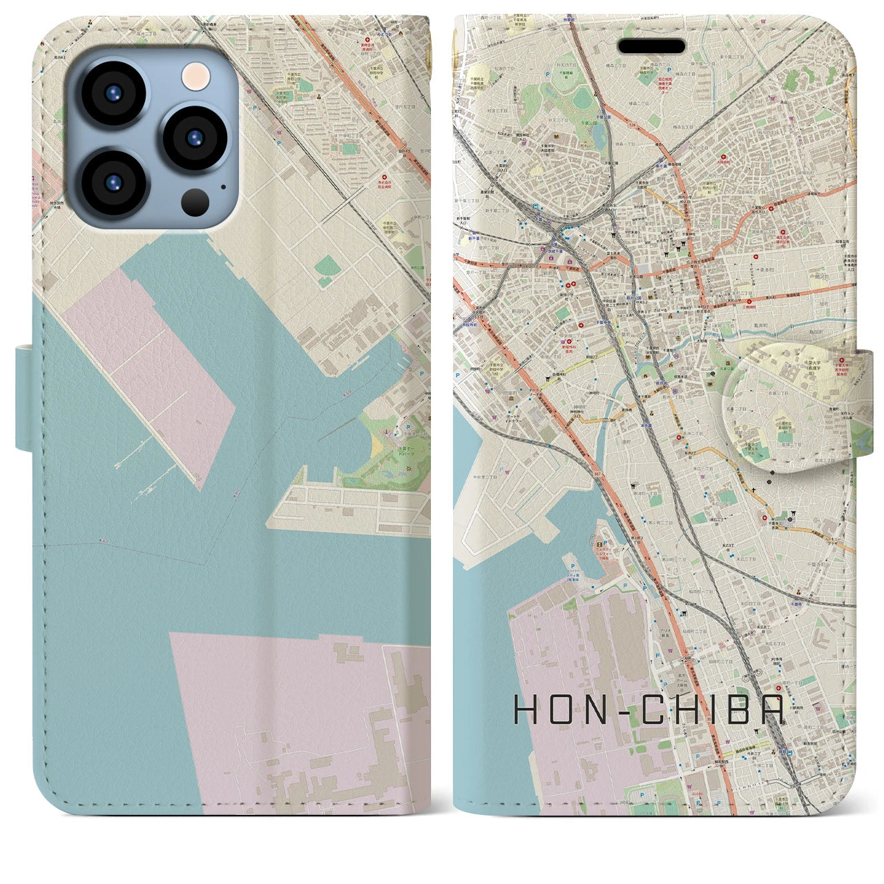 【本千葉（千葉県）】地図柄iPhoneケース（手帳タイプ）ナチュラル・iPhone 13 Pro Max 用