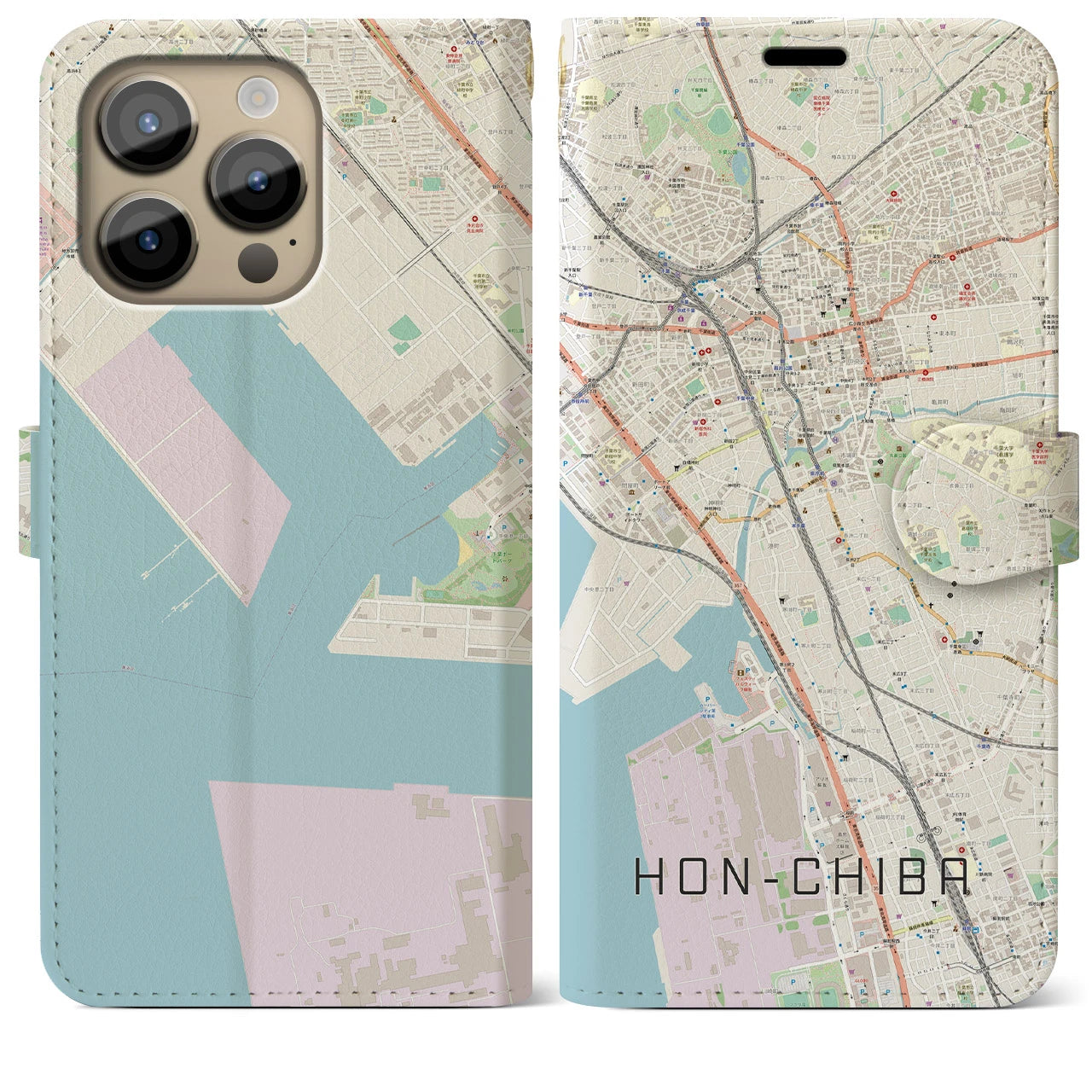 【本千葉（千葉県）】地図柄iPhoneケース（手帳タイプ）ナチュラル・iPhone 14 Pro Max 用