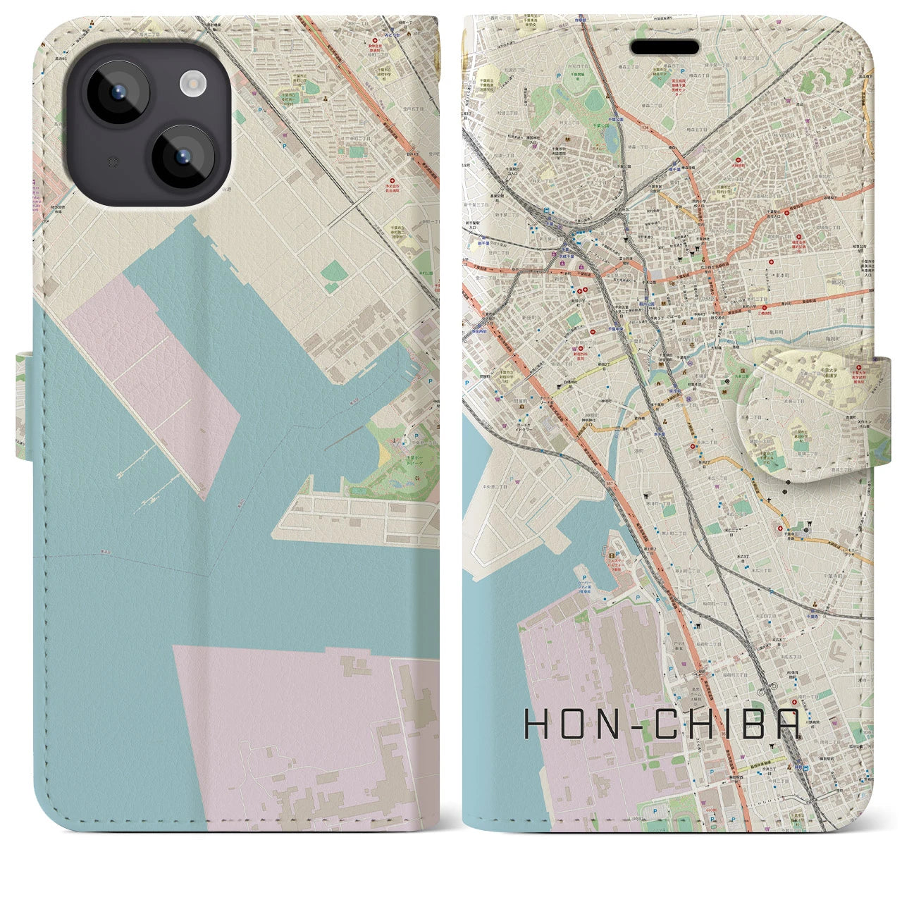 【本千葉（千葉県）】地図柄iPhoneケース（手帳タイプ）ナチュラル・iPhone 14 Plus 用