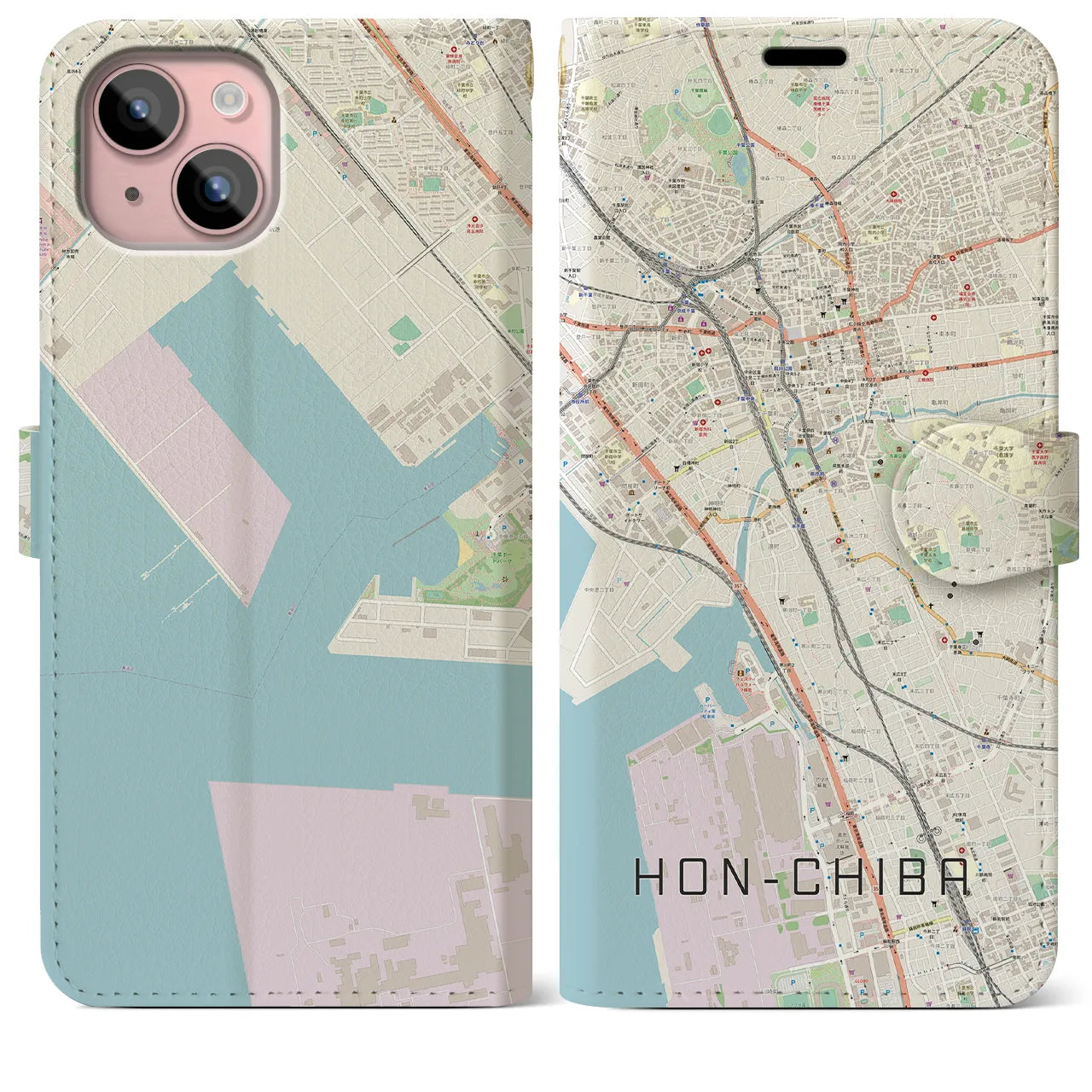 【本千葉（千葉県）】地図柄iPhoneケース（手帳タイプ）ナチュラル・iPhone 15 Plus 用