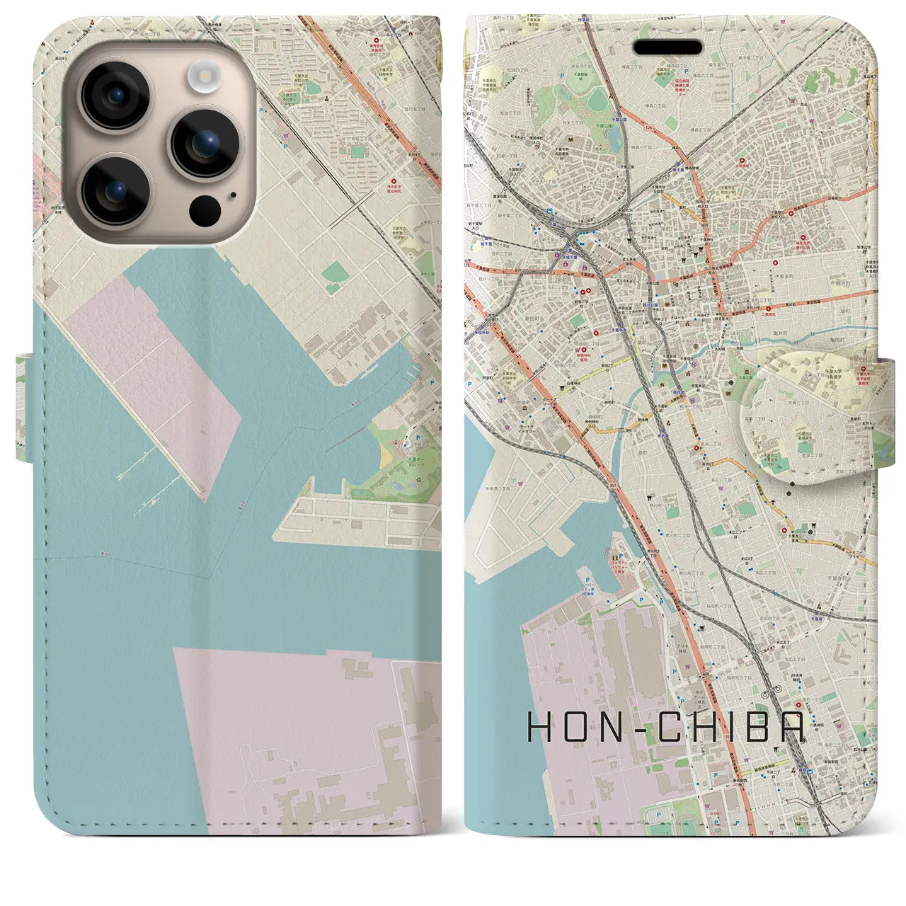 【本千葉（千葉県）】地図柄iPhoneケース（手帳タイプ）ナチュラル・iPhone 16 Plus 用