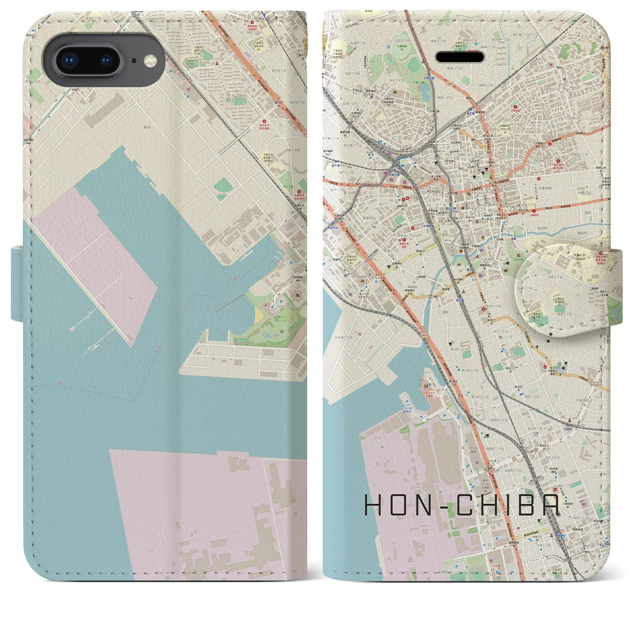【本千葉（千葉県）】地図柄iPhoneケース（手帳タイプ）ナチュラル・iPhone 8Plus /7Plus / 6sPlus / 6Plus 用