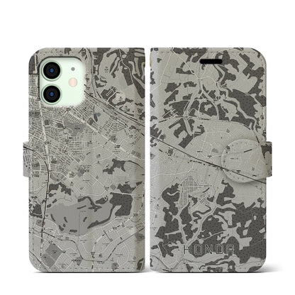 【誉田（千葉県）】地図柄iPhoneケース（手帳タイプ）モノトーン・iPhone 12 mini 用