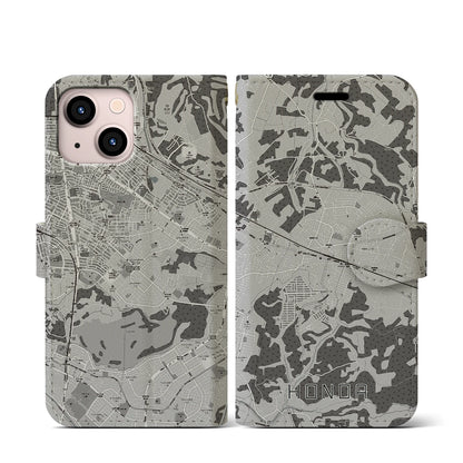 【誉田（千葉県）】地図柄iPhoneケース（手帳タイプ）モノトーン・iPhone 13 mini 用