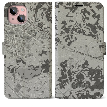 【誉田（千葉県）】地図柄iPhoneケース（手帳タイプ）モノトーン・iPhone 15 Plus 用
