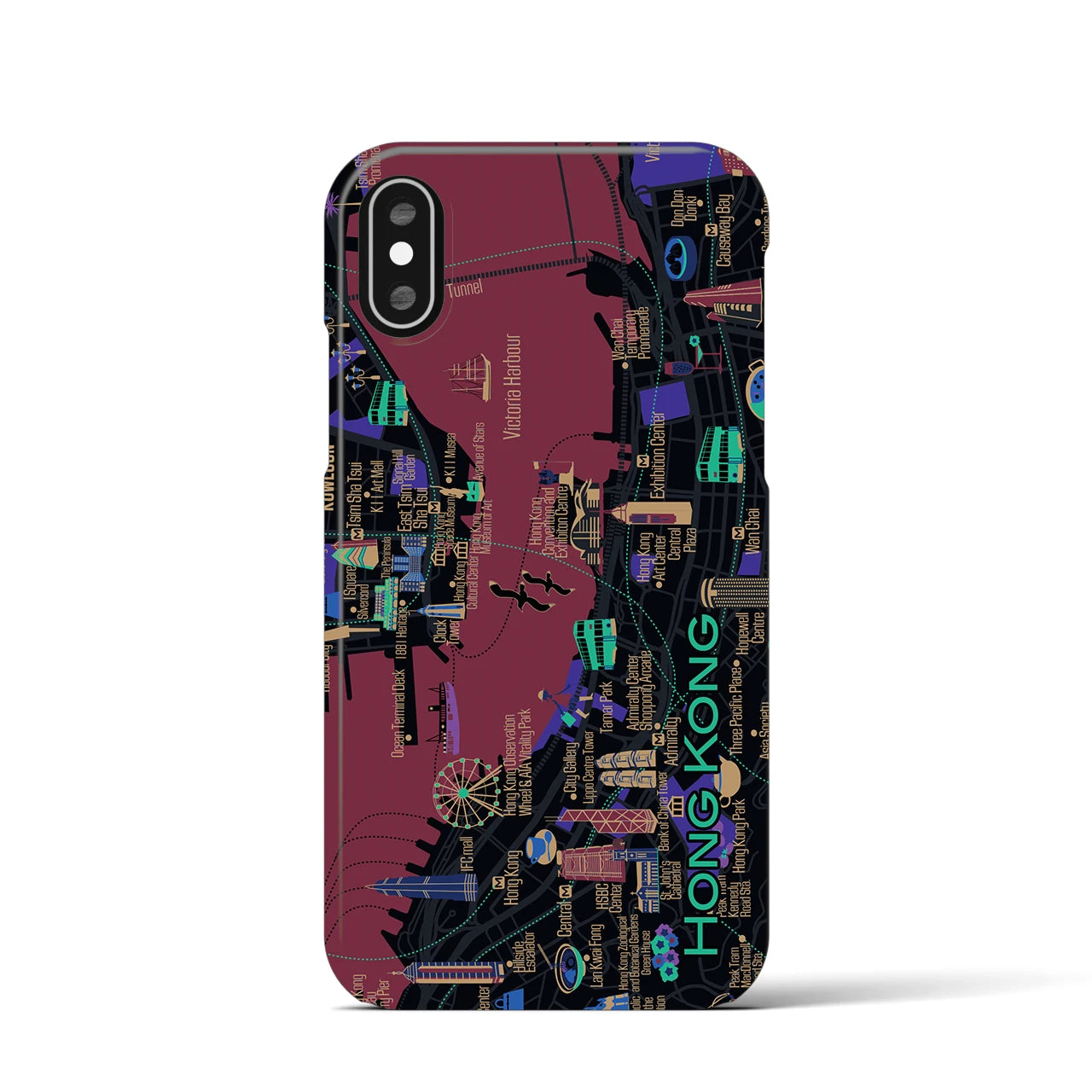 【香港（イラスト）】イラストマップiPhoneケース（バックカバータイプ）ダーク・iPhone XS / X 用