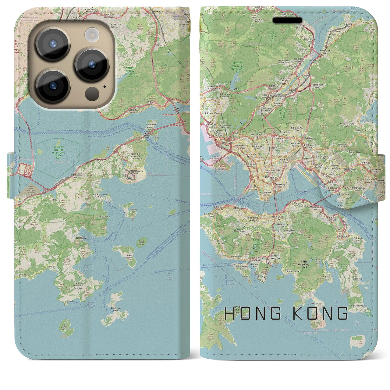 【香港】地図柄iPhoneケース（手帳両面タイプ・ナチュラル）iPhone 14 Pro Max 用