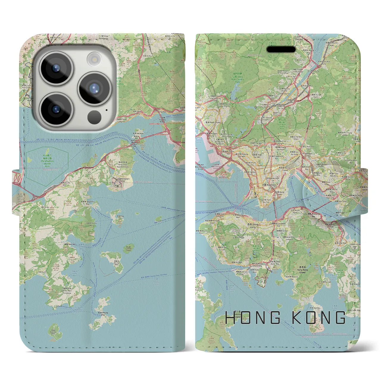 【香港】地図柄iPhoneケース（手帳両面タイプ・ナチュラル）iPhone 15 Pro 用
