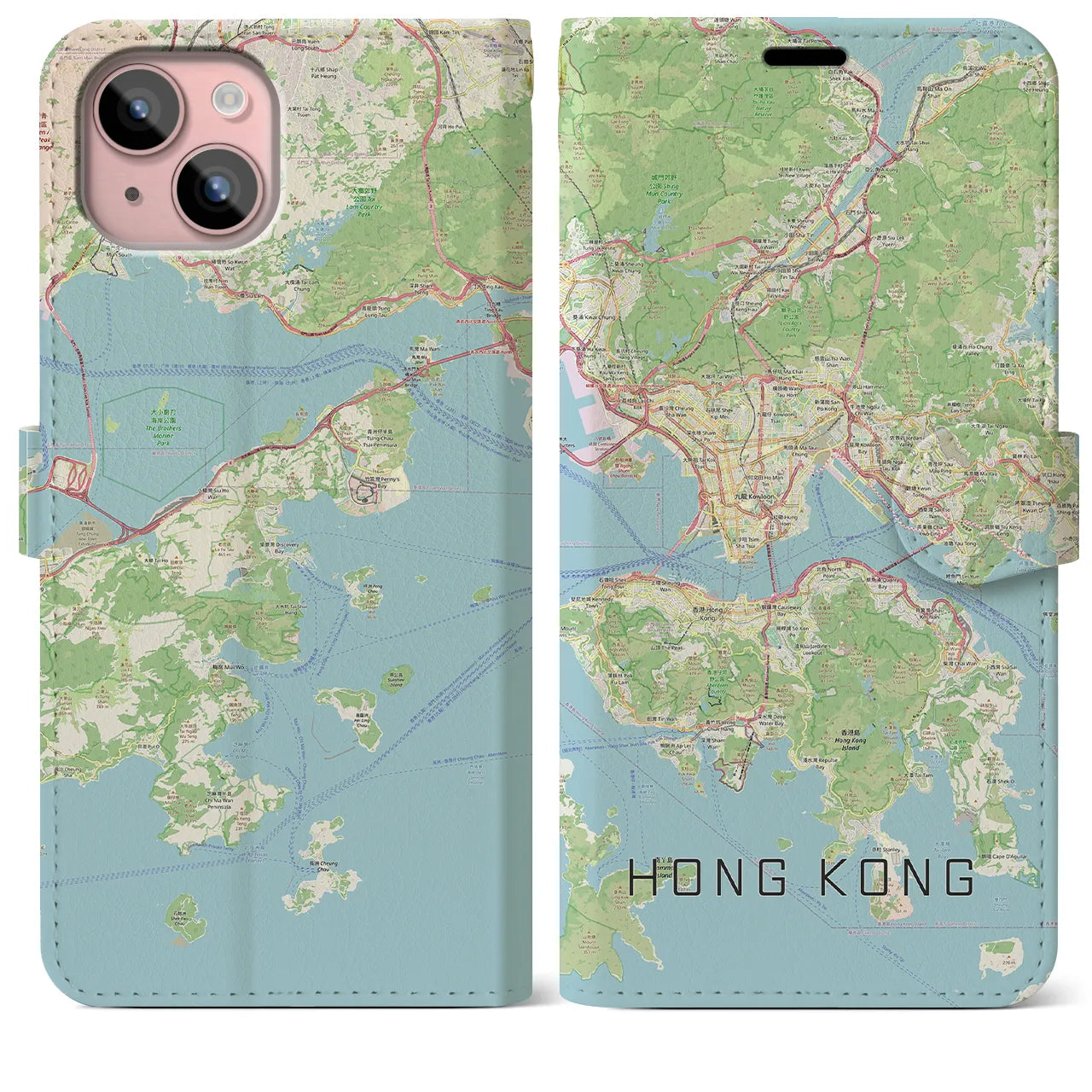 【香港（中華人民共和国）】地図柄iPhoneケース（手帳タイプ）ナチュラル・iPhone 15 Plus 用