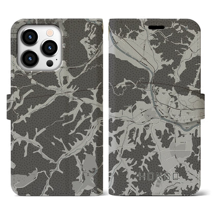 【本郷（広島県）】地図柄iPhoneケース（手帳タイプ）モノトーン・iPhone 13 Pro 用