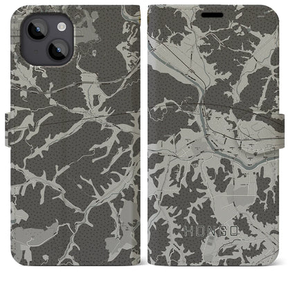 【本郷（広島県）】地図柄iPhoneケース（手帳タイプ）モノトーン・iPhone 14 Plus 用