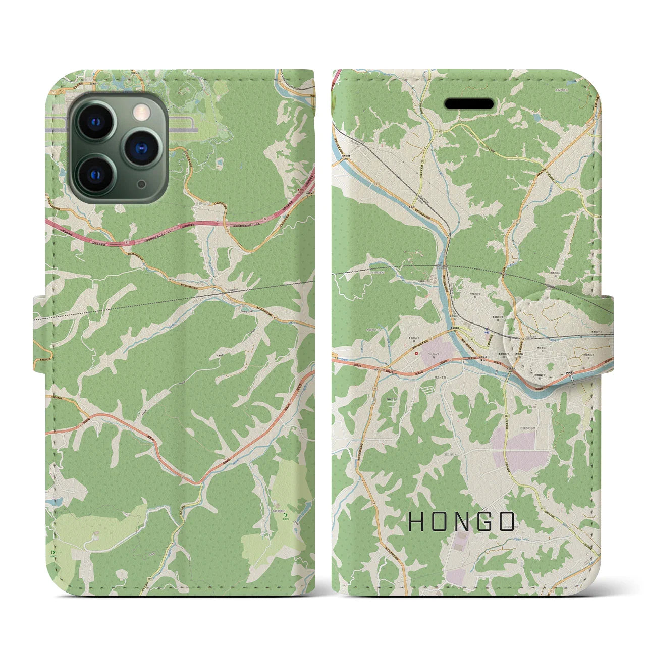 【本郷（広島県）】地図柄iPhoneケース（手帳タイプ）ナチュラル・iPhone 11 Pro 用