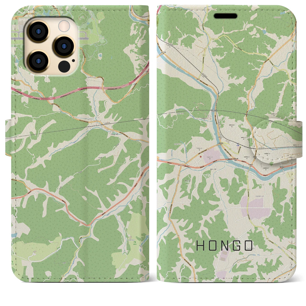 【本郷（広島県）】地図柄iPhoneケース（手帳タイプ）ナチュラル・iPhone 12 Pro Max 用