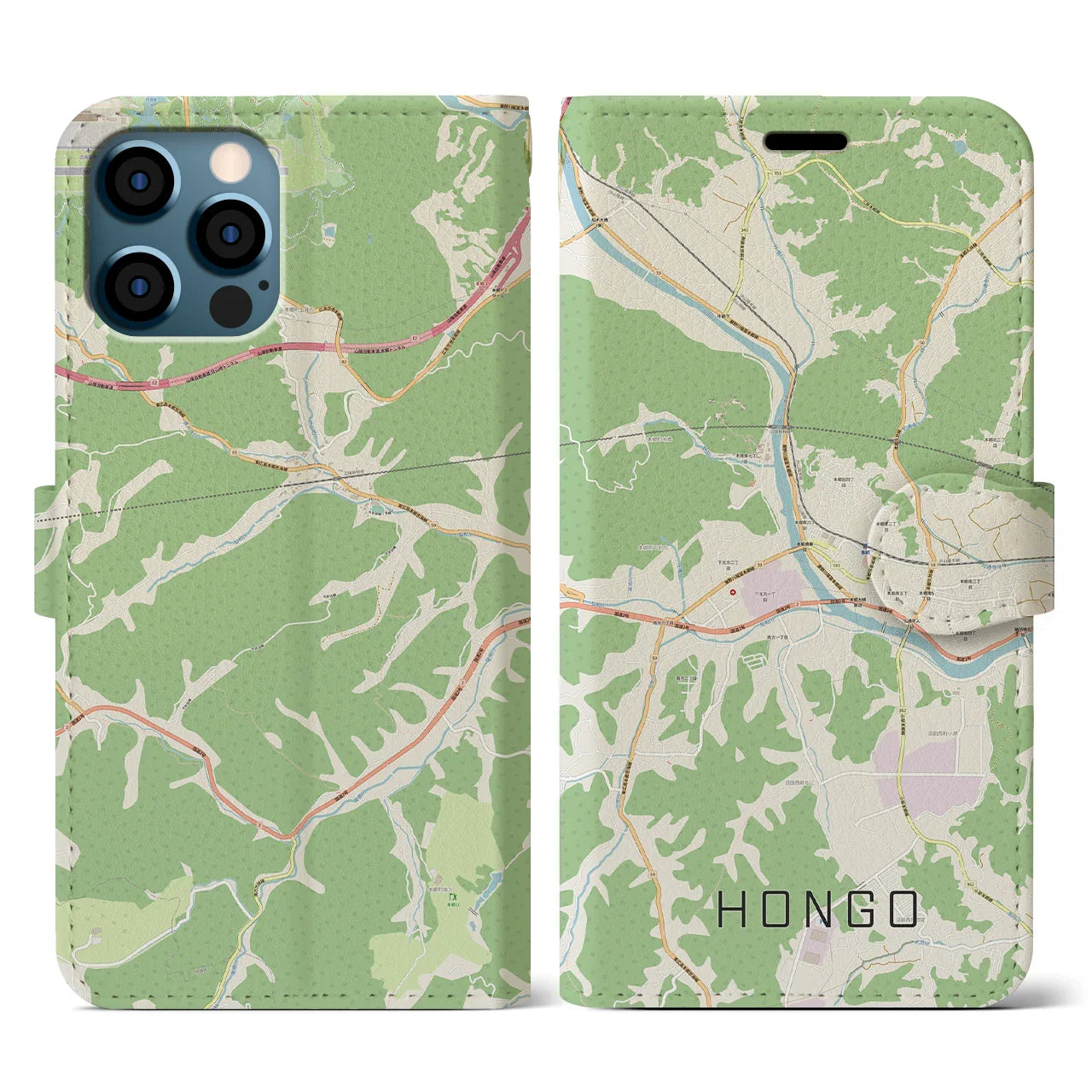 【本郷（広島県）】地図柄iPhoneケース（手帳タイプ）ナチュラル・iPhone 12 / 12 Pro 用