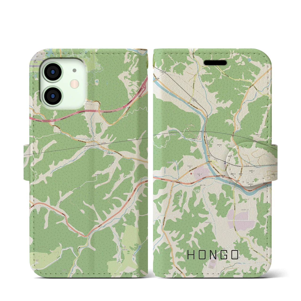 【本郷（広島県）】地図柄iPhoneケース（手帳タイプ）ナチュラル・iPhone 12 mini 用