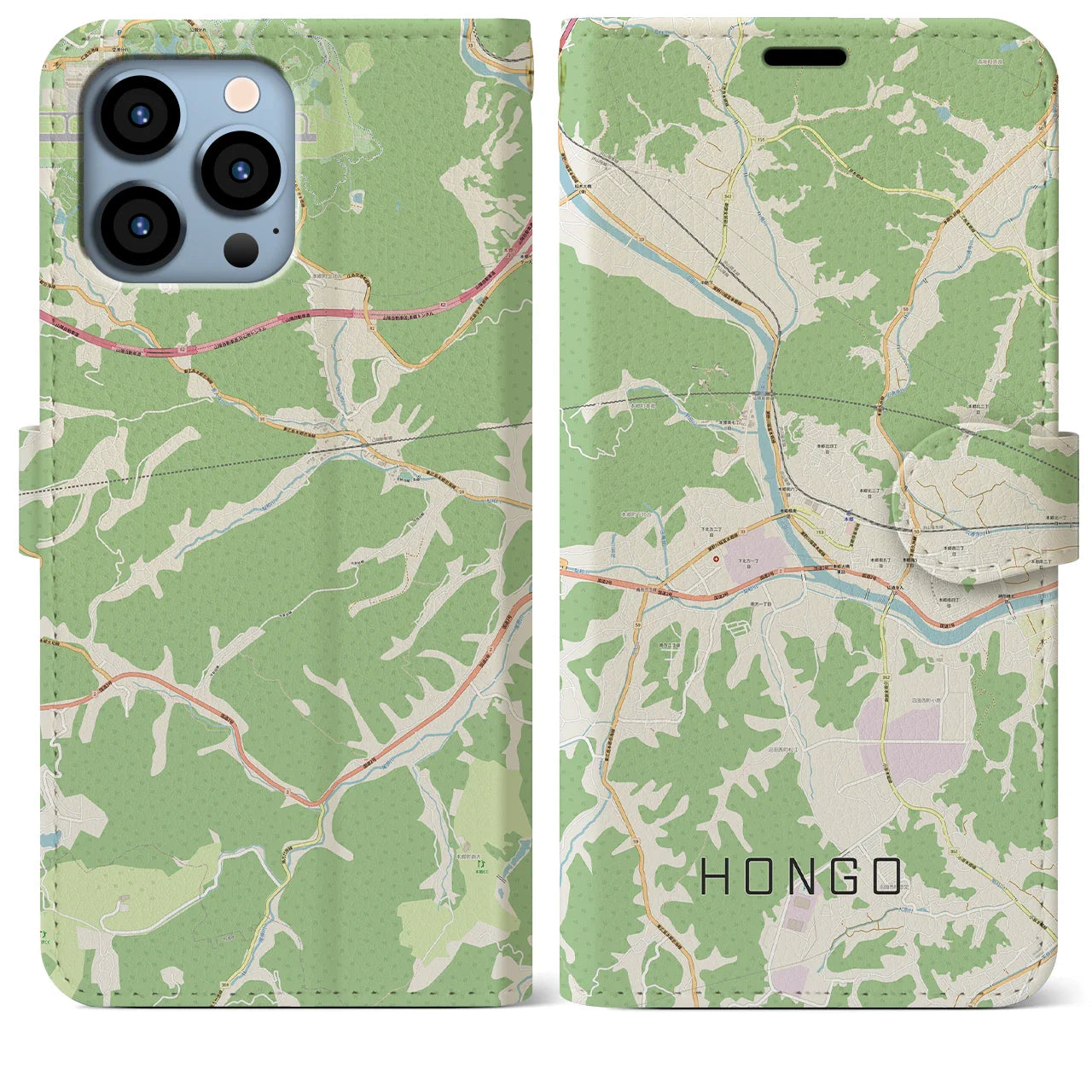 【本郷（広島県）】地図柄iPhoneケース（手帳タイプ）ナチュラル・iPhone 13 Pro Max 用