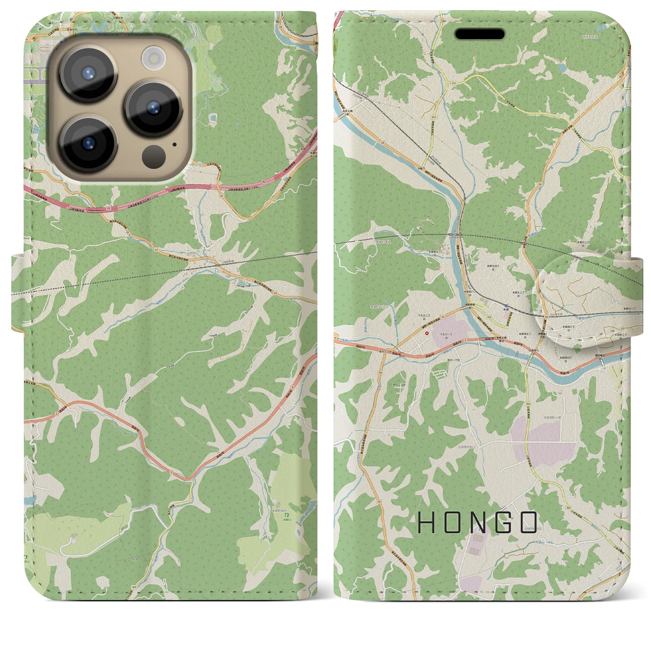 【本郷（広島県）】地図柄iPhoneケース（手帳タイプ）ナチュラル・iPhone 14 Pro Max 用