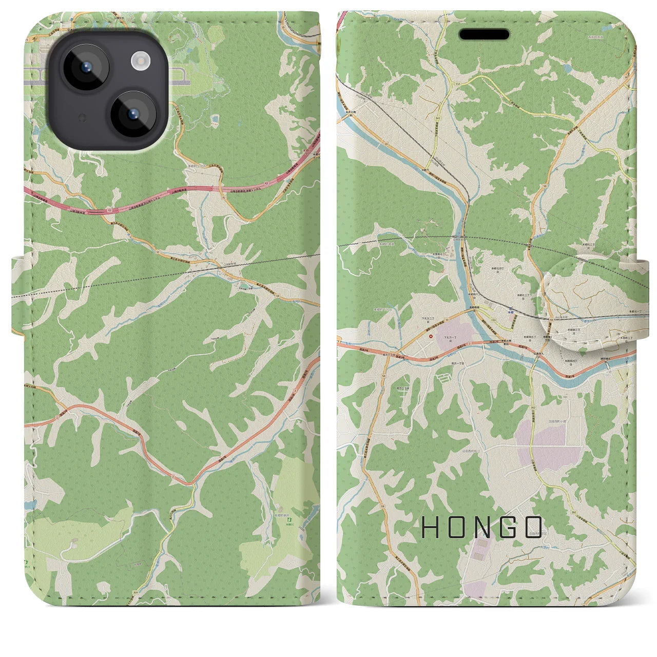 【本郷（広島県）】地図柄iPhoneケース（手帳タイプ）ナチュラル・iPhone 14 Plus 用