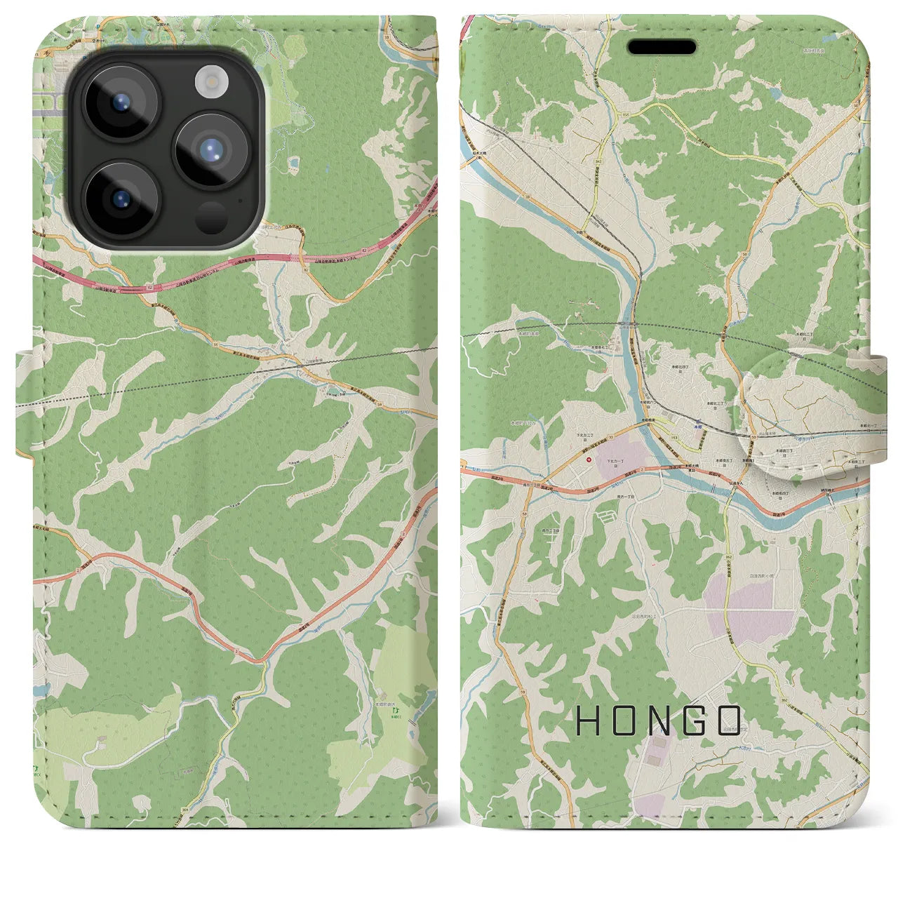 【本郷（広島県）】地図柄iPhoneケース（手帳タイプ）ナチュラル・iPhone 15 Pro Max 用