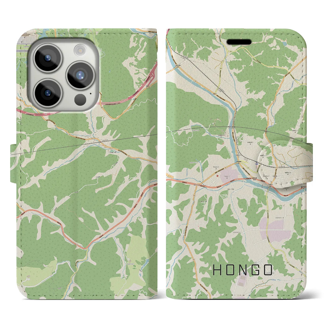 【本郷（広島県）】地図柄iPhoneケース（手帳タイプ）ナチュラル・iPhone 15 Pro 用