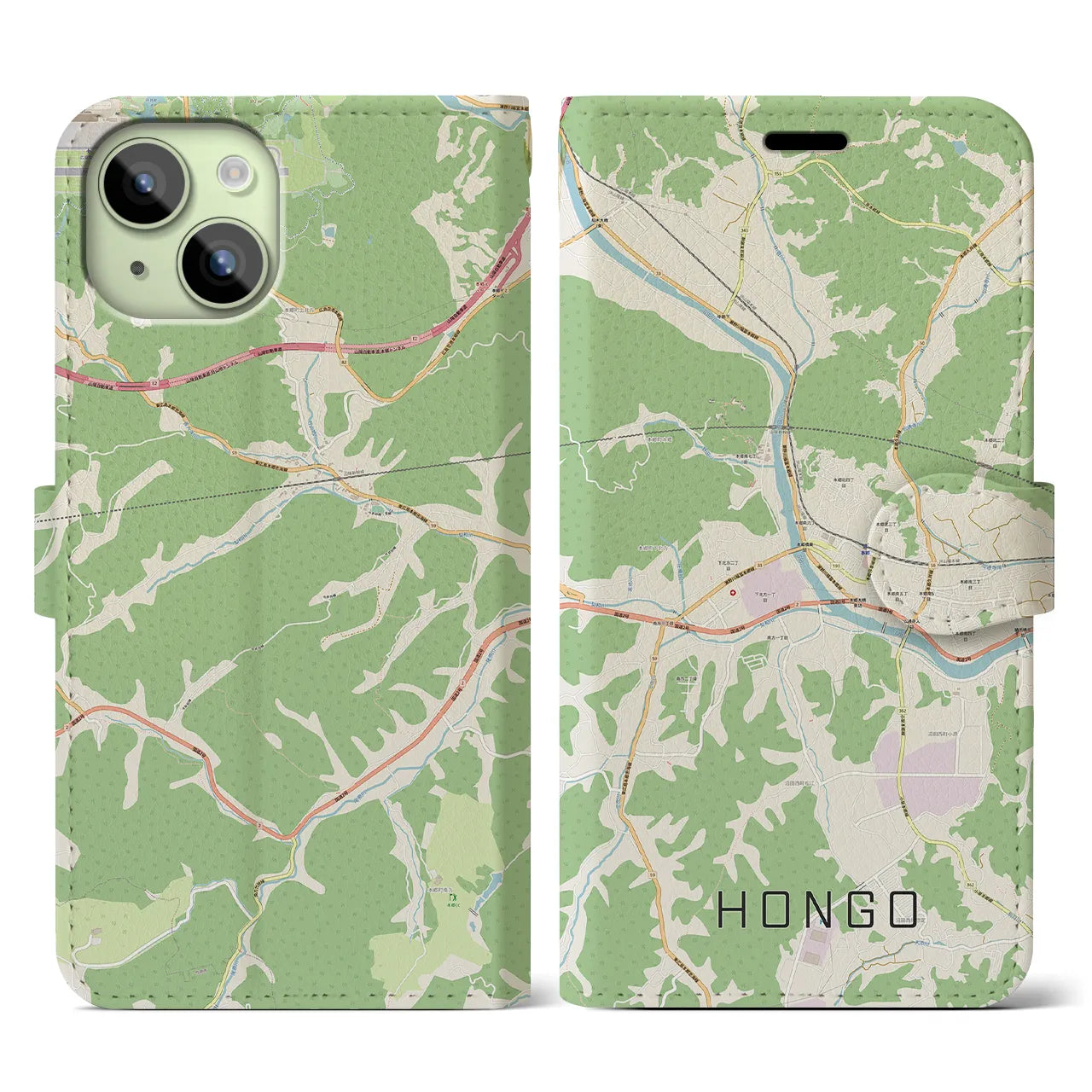 【本郷（広島県）】地図柄iPhoneケース（手帳タイプ）ナチュラル・iPhone 15 用