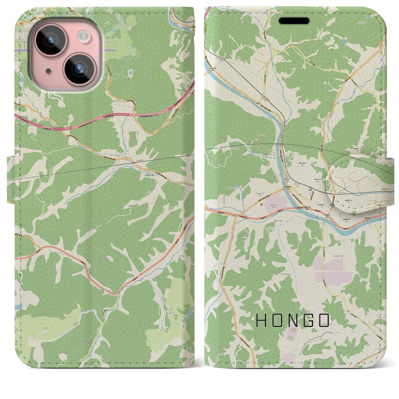 【本郷（広島県）】地図柄iPhoneケース（手帳タイプ）ナチュラル・iPhone 15 Plus 用