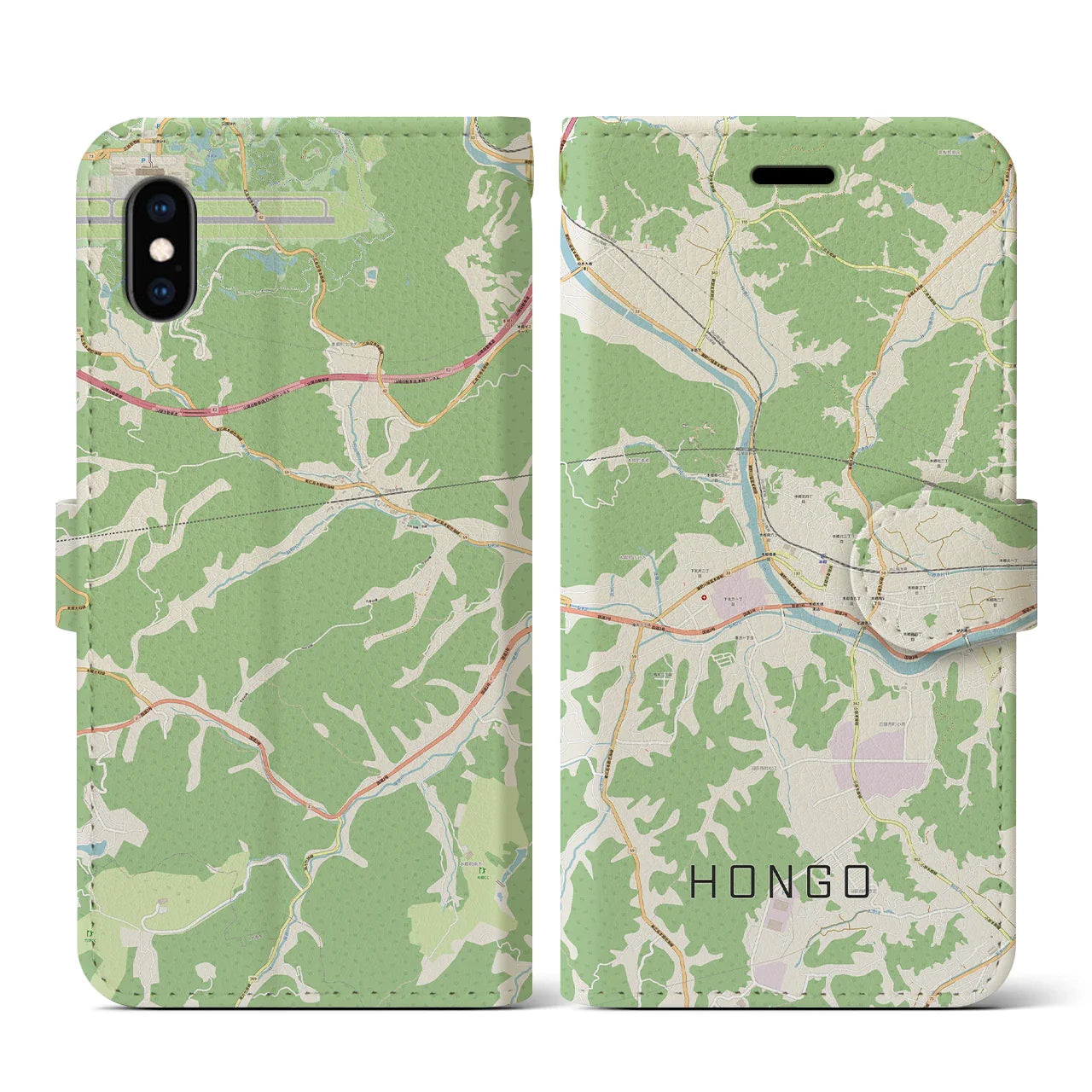 【本郷（広島県）】地図柄iPhoneケース（手帳タイプ）ナチュラル・iPhone XS / X 用