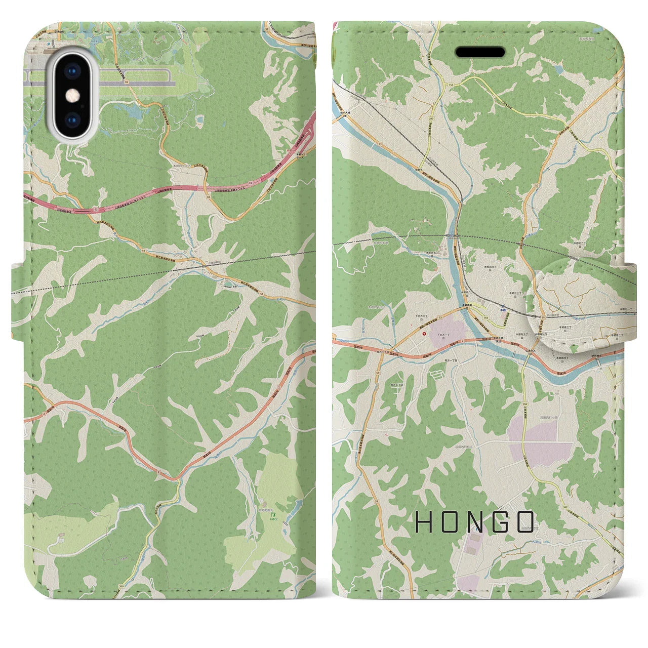 【本郷（広島県）】地図柄iPhoneケース（手帳タイプ）ナチュラル・iPhone XS Max 用