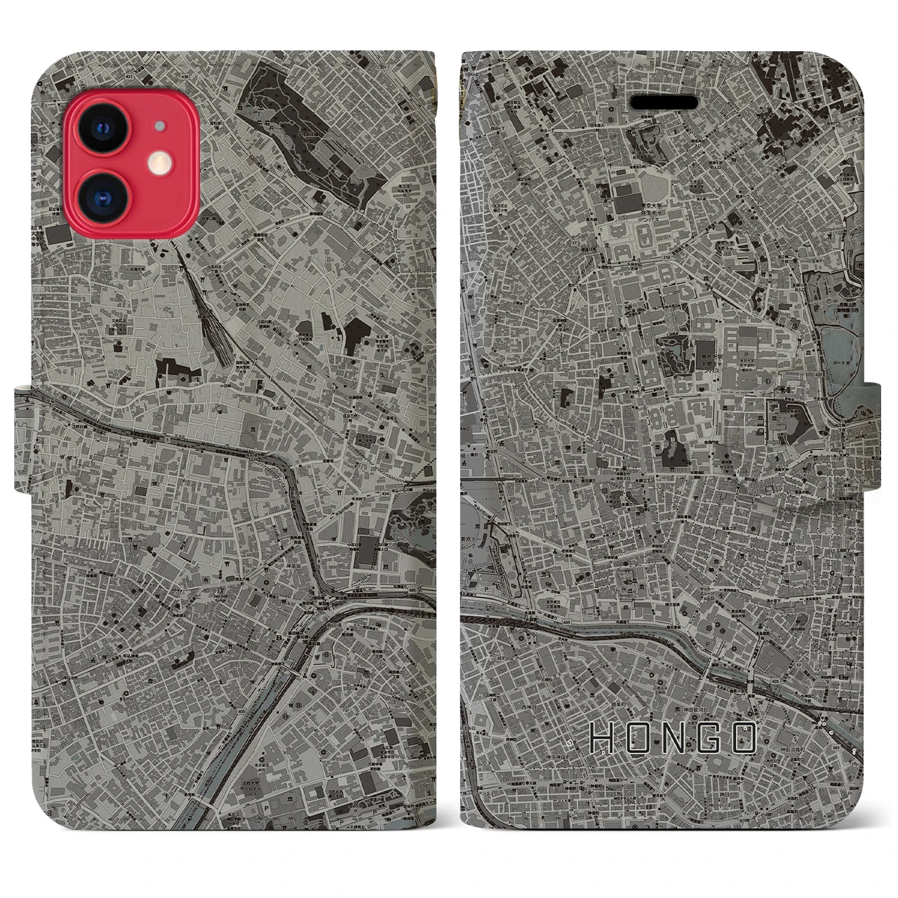 【本郷（東京都）】地図柄iPhoneケース（手帳タイプ）モノトーン・iPhone 11 用