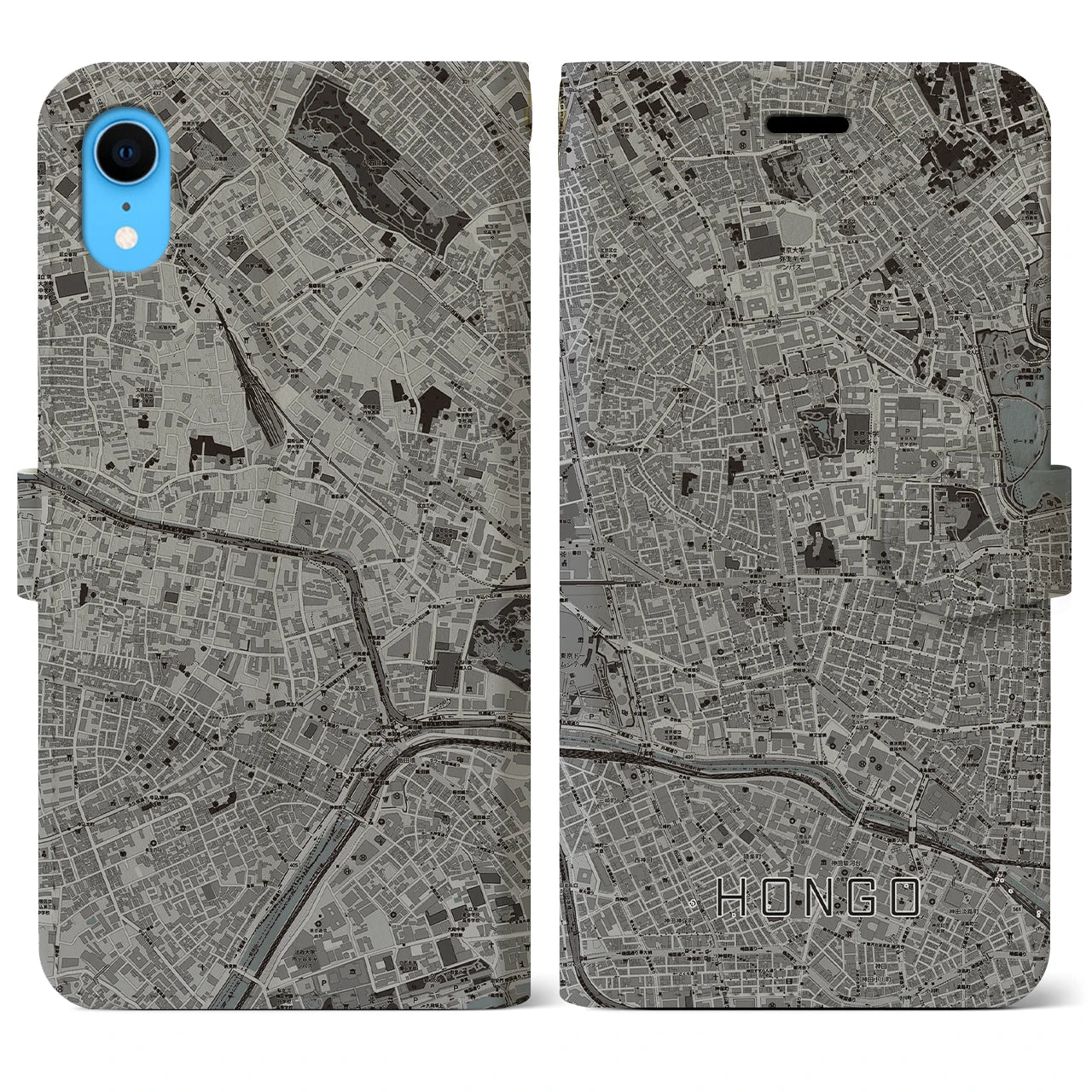 【本郷】地図柄iPhoneケース（手帳両面タイプ・モノトーン）iPhone XR 用