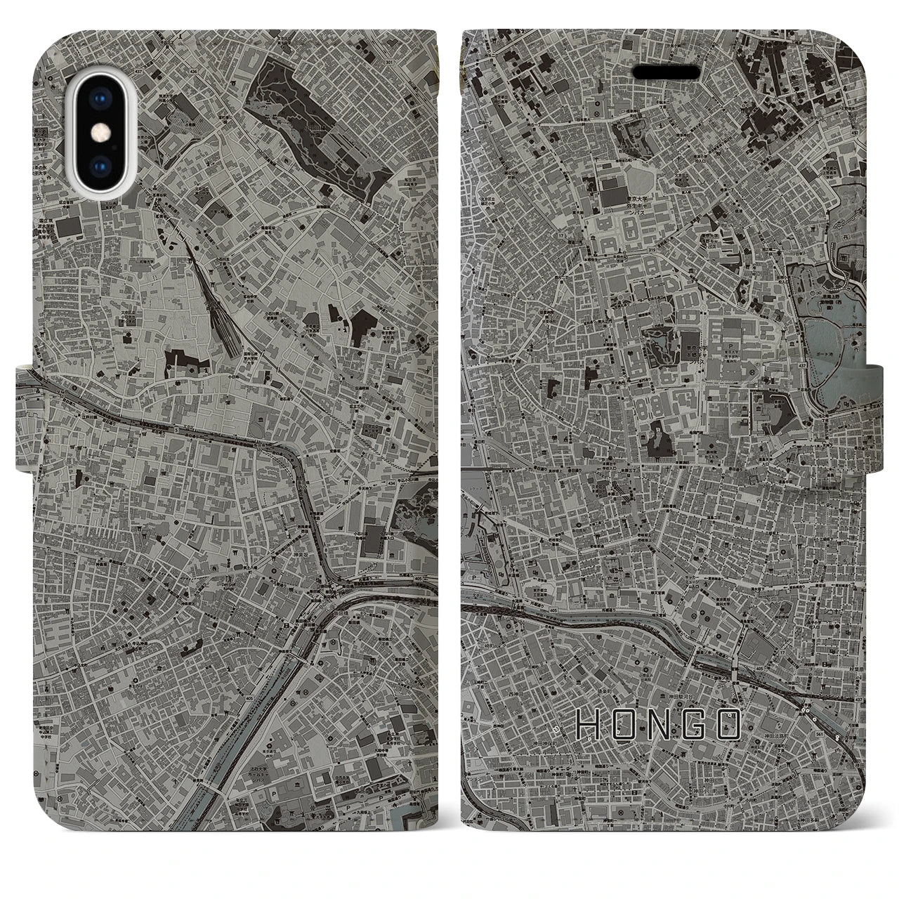 【本郷（東京都）】地図柄iPhoneケース（手帳タイプ）モノトーン・iPhone XS Max 用