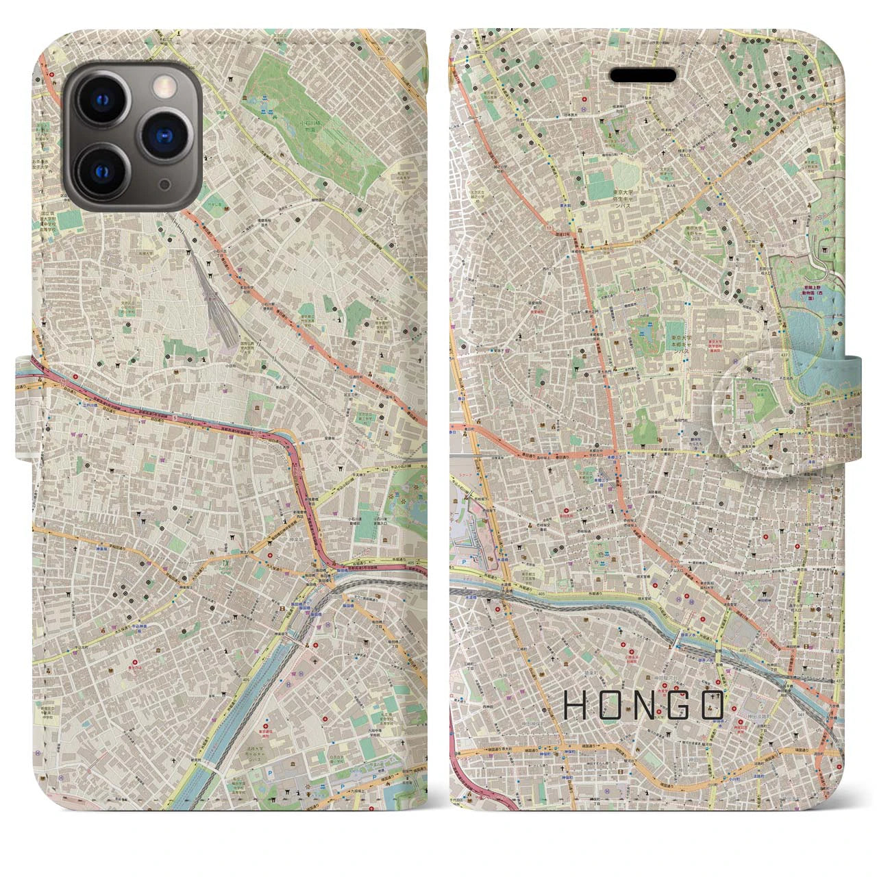 【本郷（東京都）】地図柄iPhoneケース（手帳タイプ）ナチュラル・iPhone 11 Pro Max 用