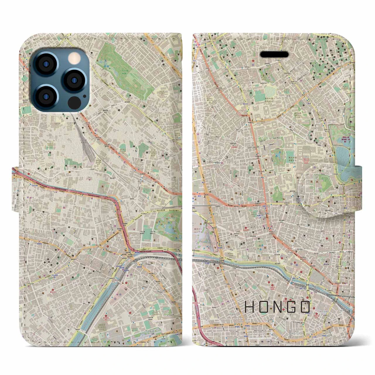 【本郷（東京都）】地図柄iPhoneケース（手帳タイプ）ナチュラル・iPhone 12 / 12 Pro 用