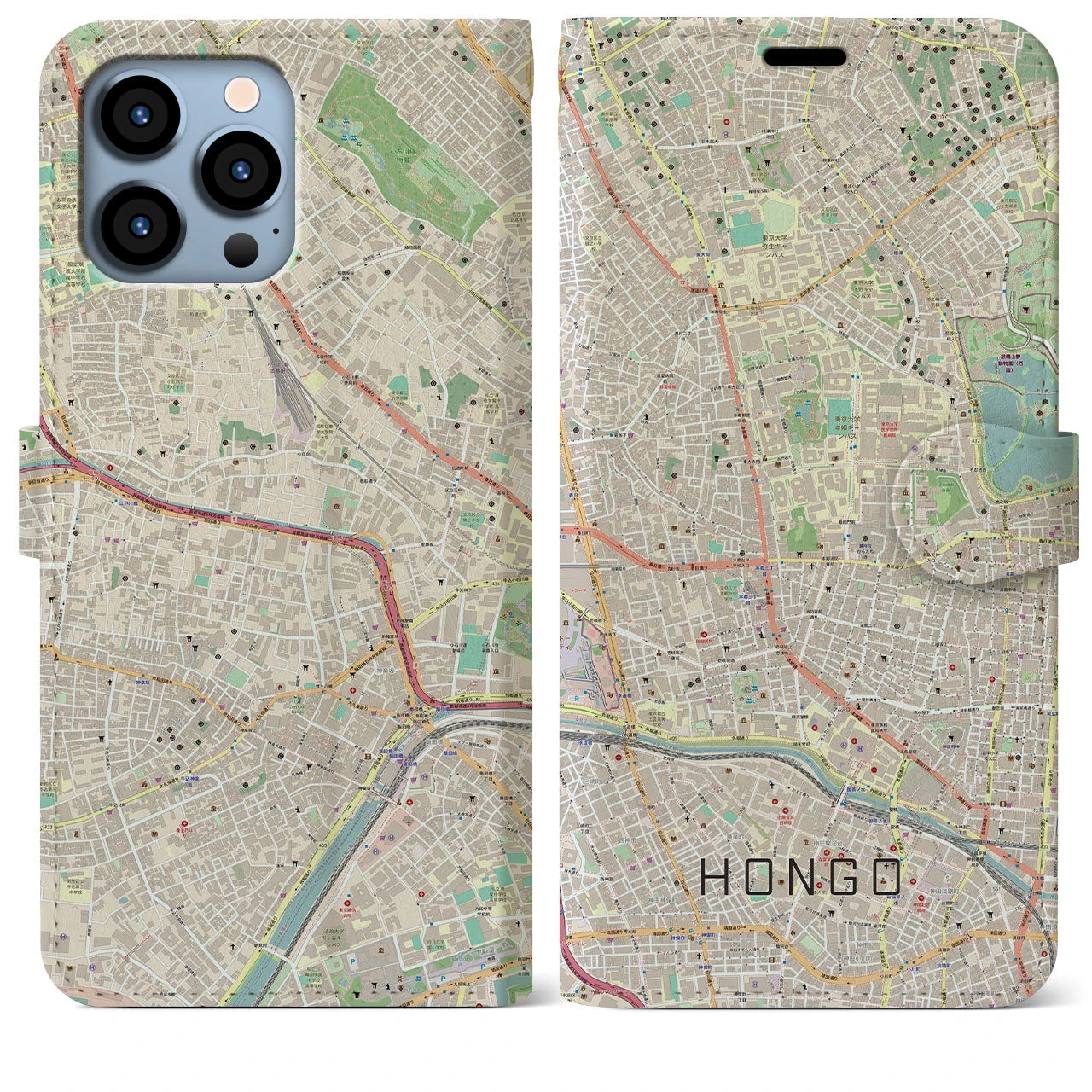 【本郷（東京都）】地図柄iPhoneケース（手帳タイプ）ナチュラル・iPhone 13 Pro Max 用