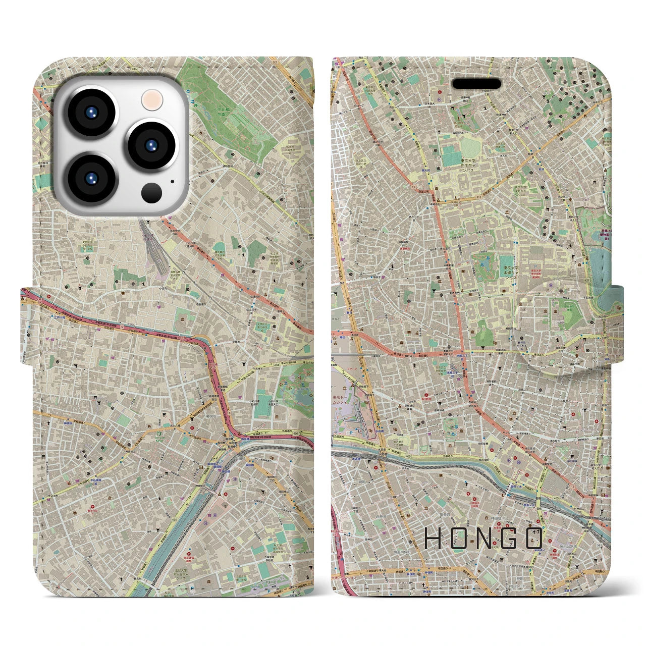 【本郷（東京都）】地図柄iPhoneケース（手帳タイプ）ナチュラル・iPhone 13 Pro 用