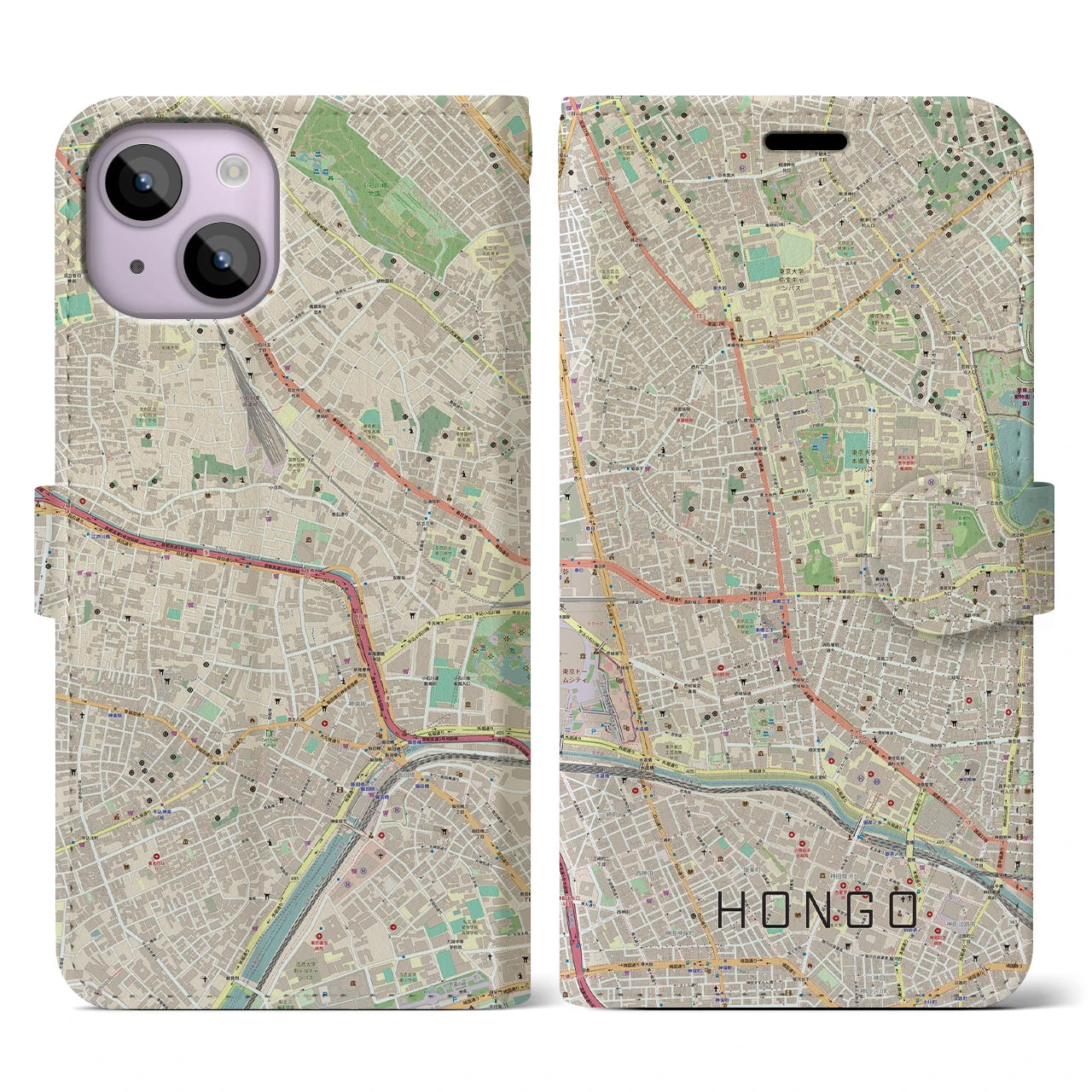 【本郷（東京都）】地図柄iPhoneケース（手帳タイプ）ナチュラル・iPhone 14 用