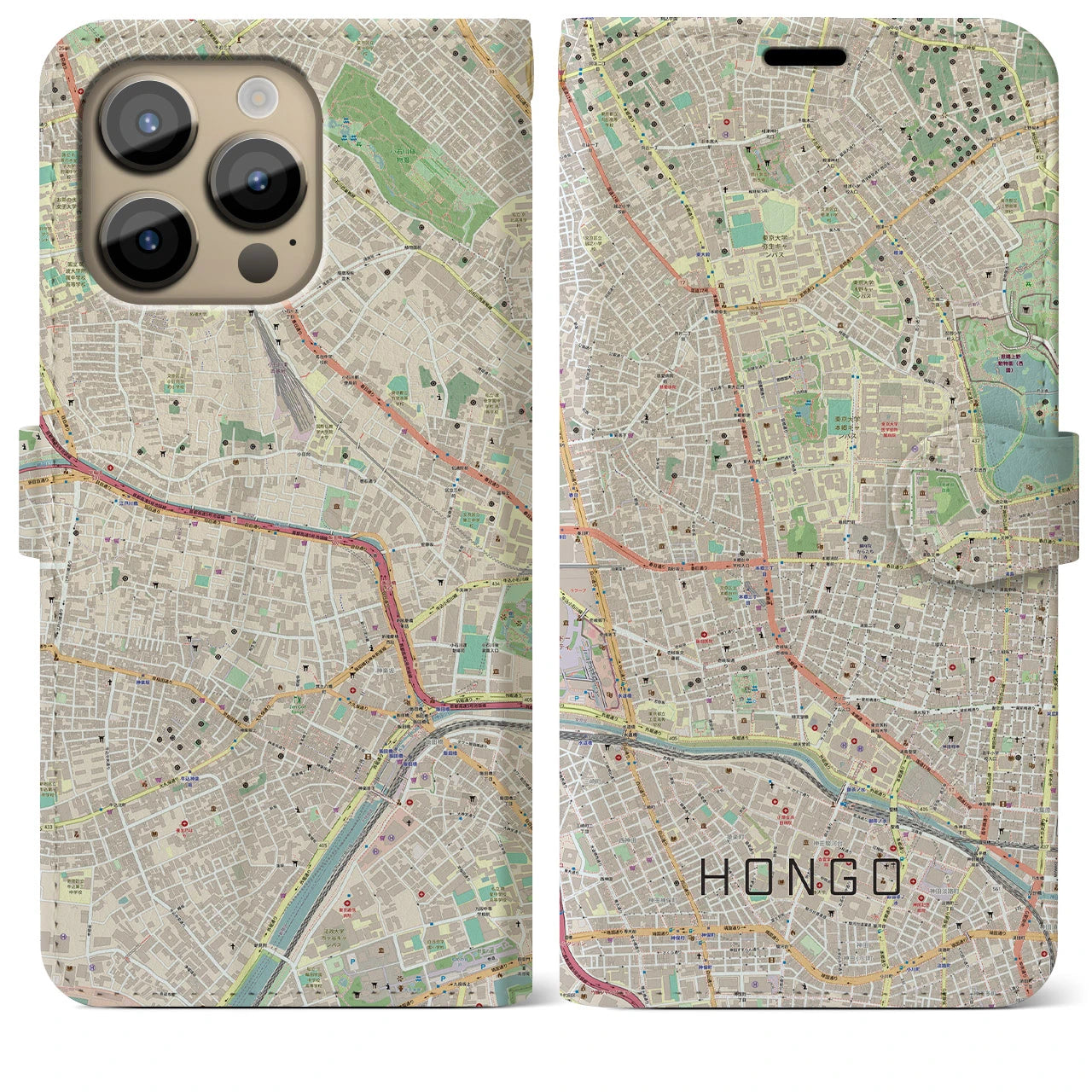 【本郷（東京都）】地図柄iPhoneケース（手帳タイプ）ナチュラル・iPhone 14 Pro Max 用