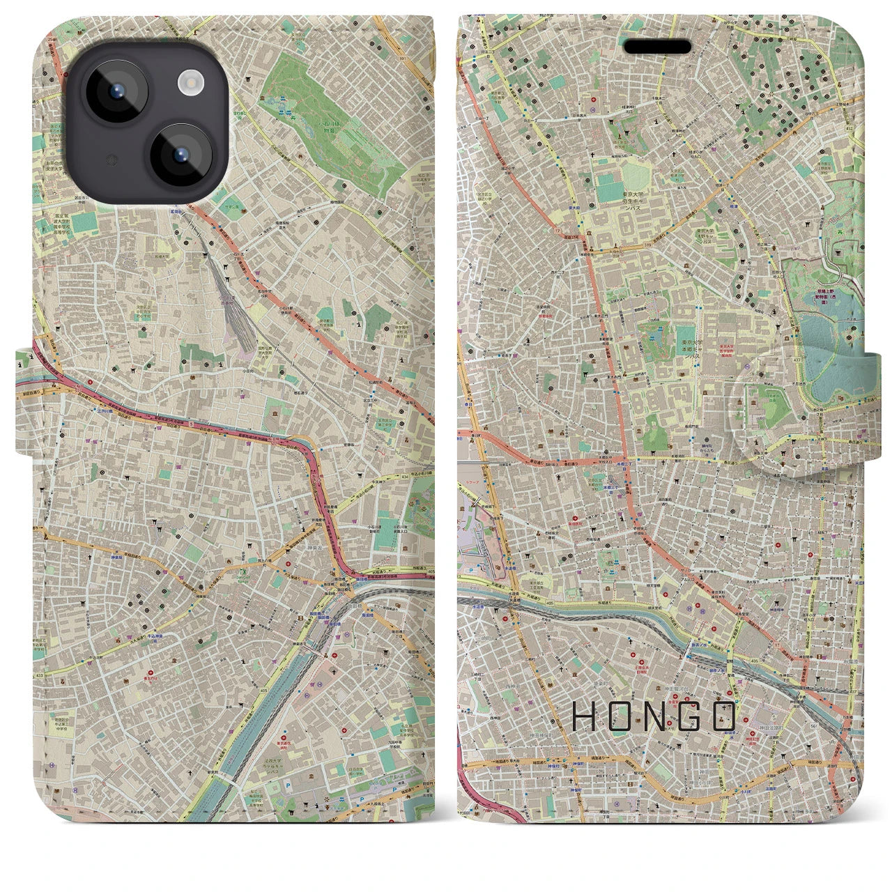 【本郷（東京都）】地図柄iPhoneケース（手帳タイプ）ナチュラル・iPhone 14 Plus 用