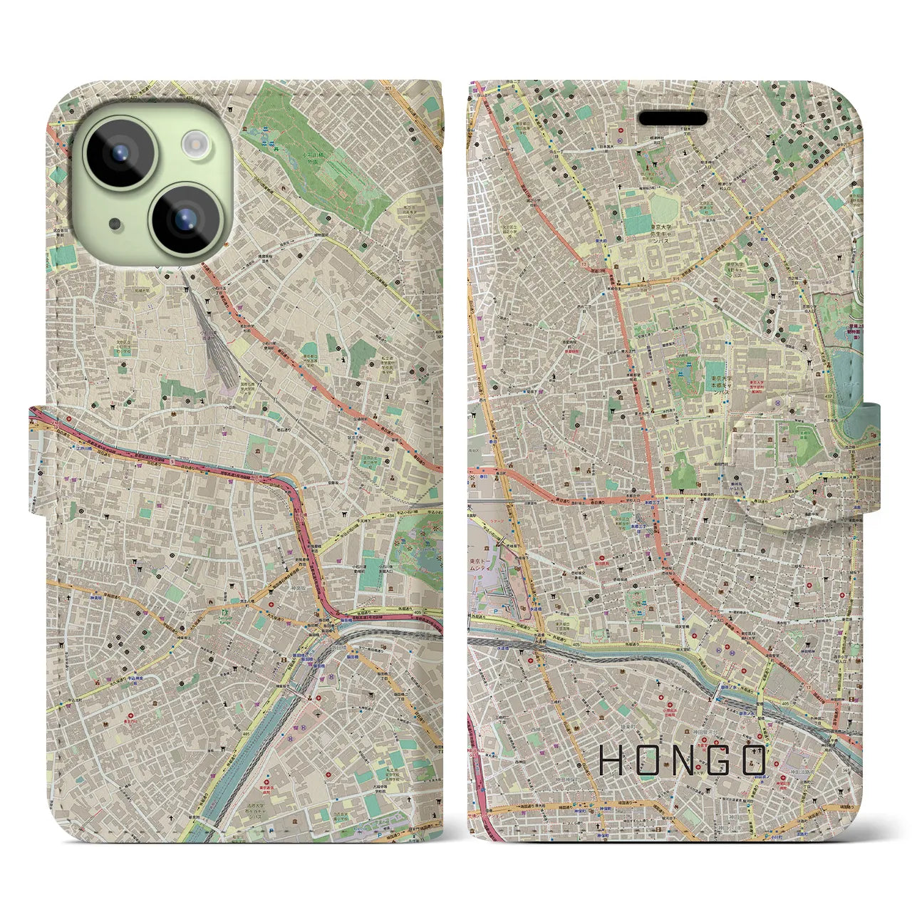 【本郷（東京都）】地図柄iPhoneケース（手帳タイプ）ナチュラル・iPhone 15 用