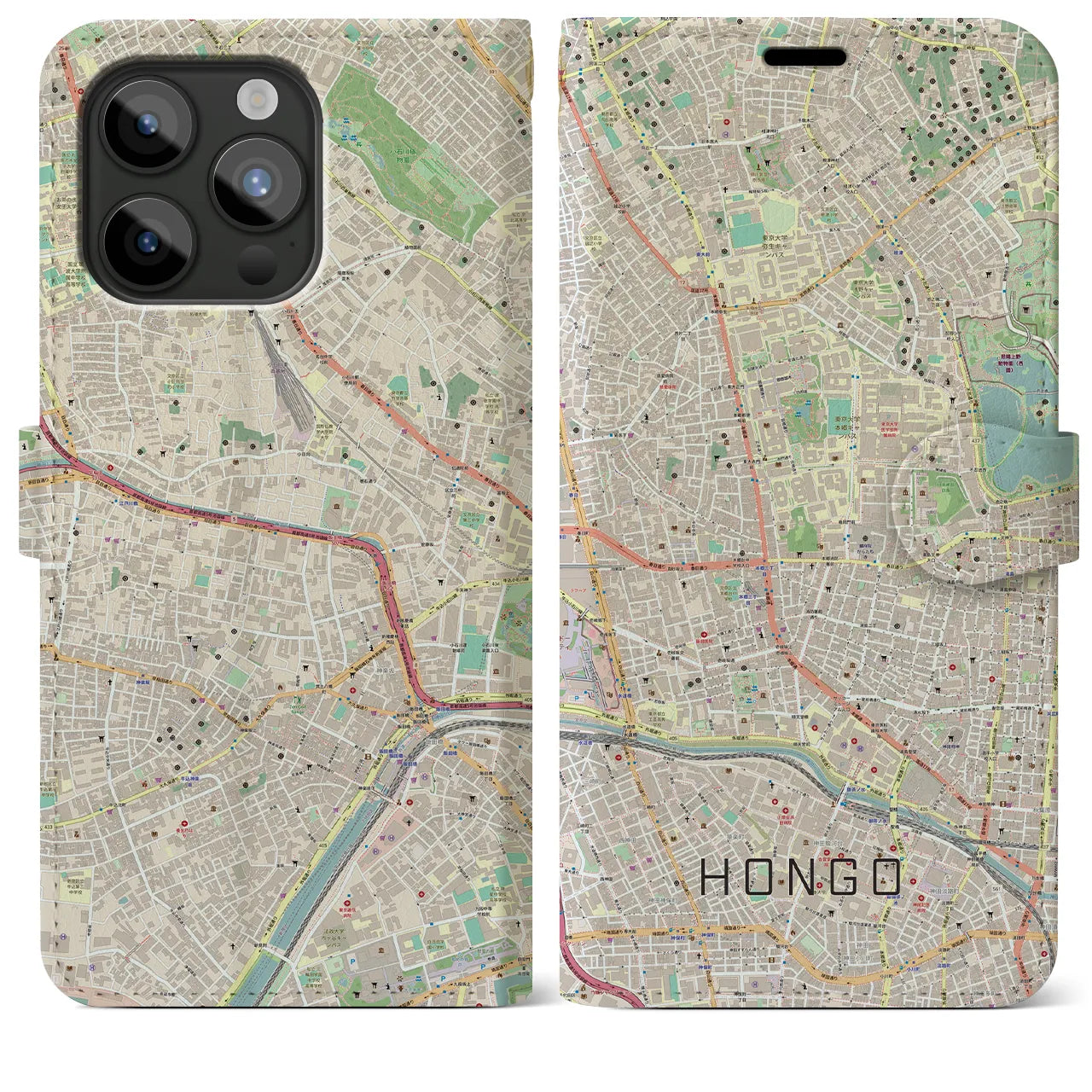 【本郷（東京都）】地図柄iPhoneケース（手帳タイプ）ナチュラル・iPhone 15 Pro Max 用