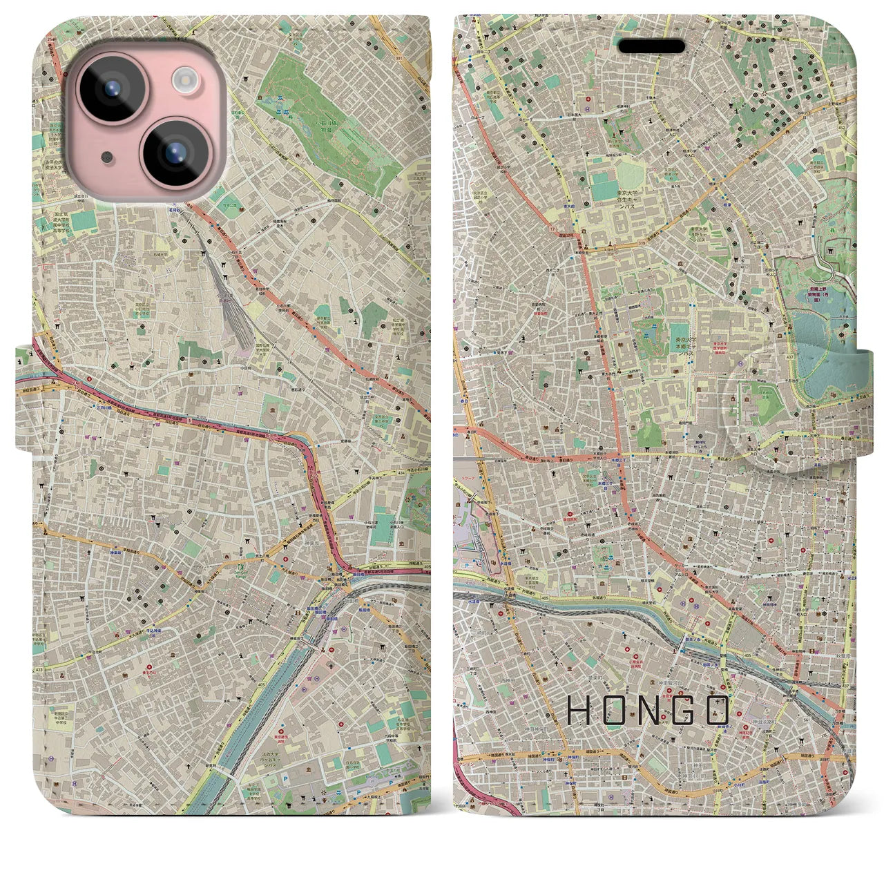 【本郷（東京都）】地図柄iPhoneケース（手帳タイプ）ナチュラル・iPhone 15 Plus 用