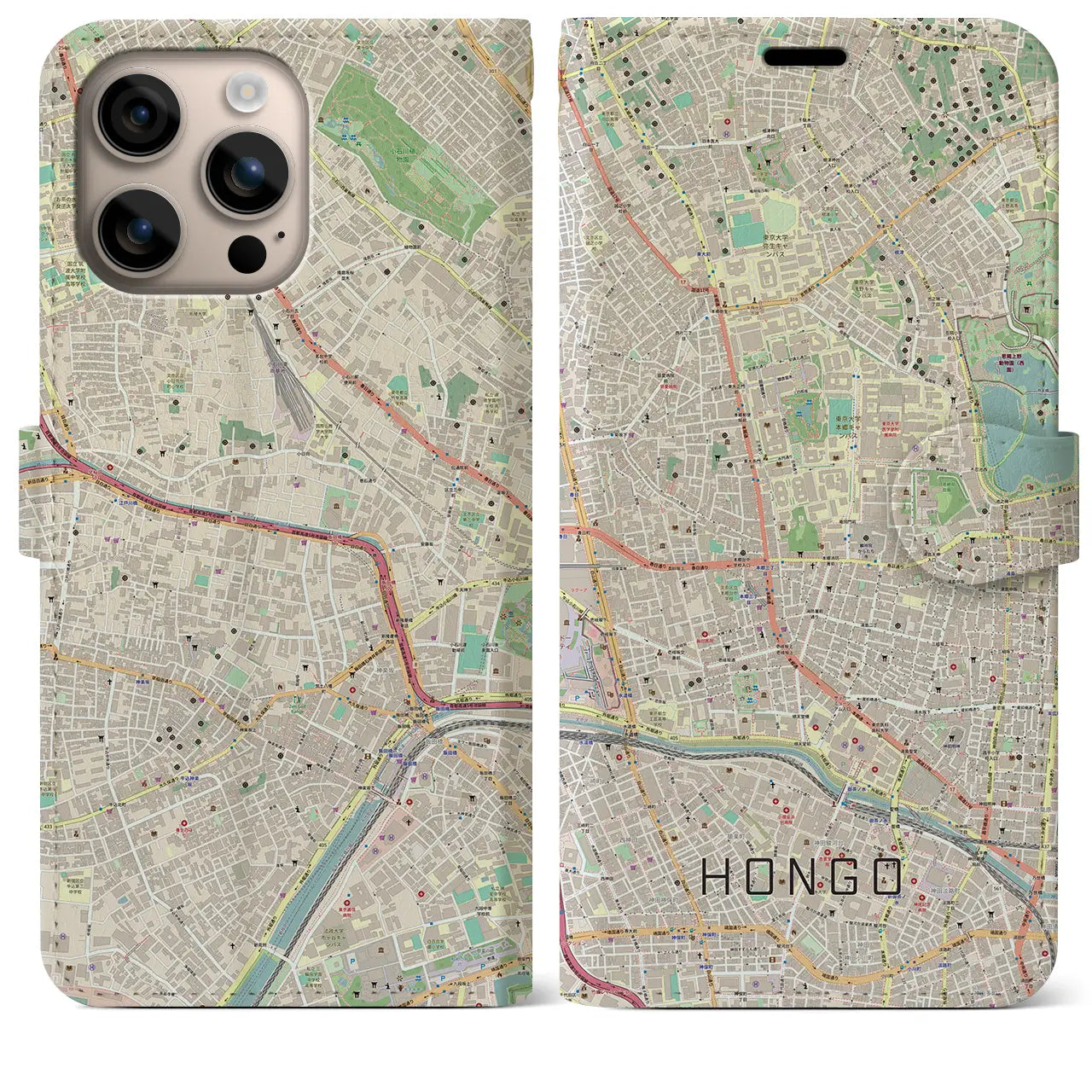 【本郷（東京都）】地図柄iPhoneケース（手帳タイプ）ナチュラル・iPhone 16 Plus 用