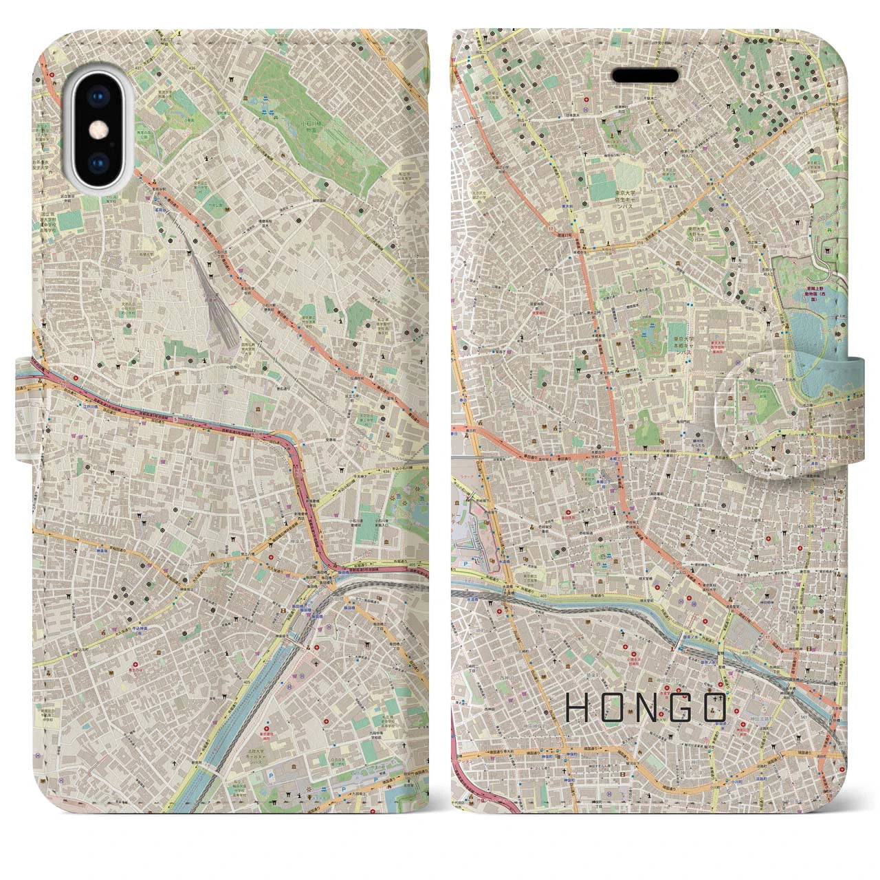 【本郷（東京都）】地図柄iPhoneケース（手帳タイプ）ナチュラル・iPhone XS Max 用