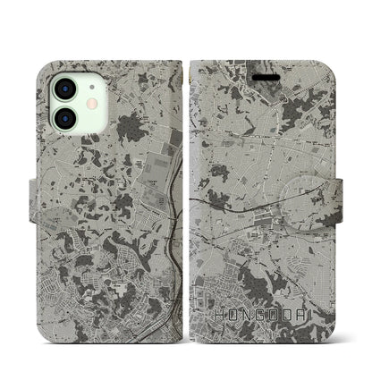【本郷台（神奈川県）】地図柄iPhoneケース（手帳タイプ）モノトーン・iPhone 12 mini 用