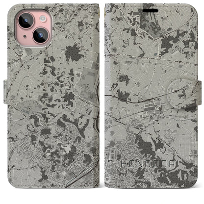 【本郷台（神奈川県）】地図柄iPhoneケース（手帳タイプ）モノトーン・iPhone 15 Plus 用