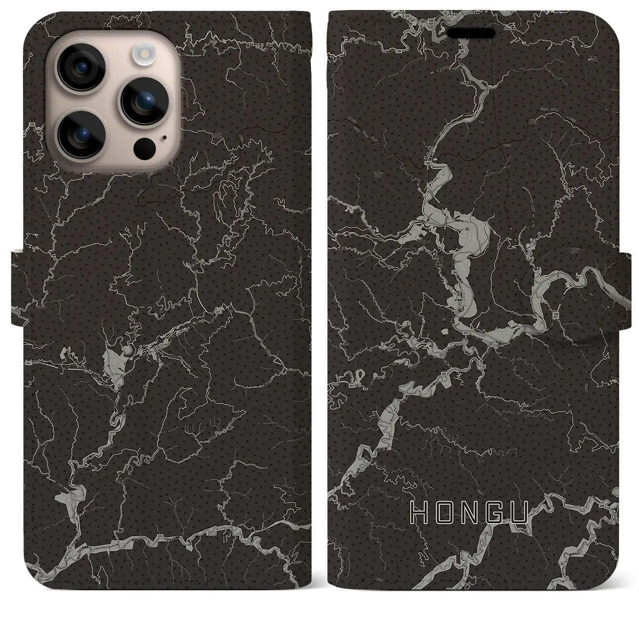 【本宮（和歌山県）】地図柄iPhoneケース（手帳タイプ）モノトーン・iPhone 16 Plus 用