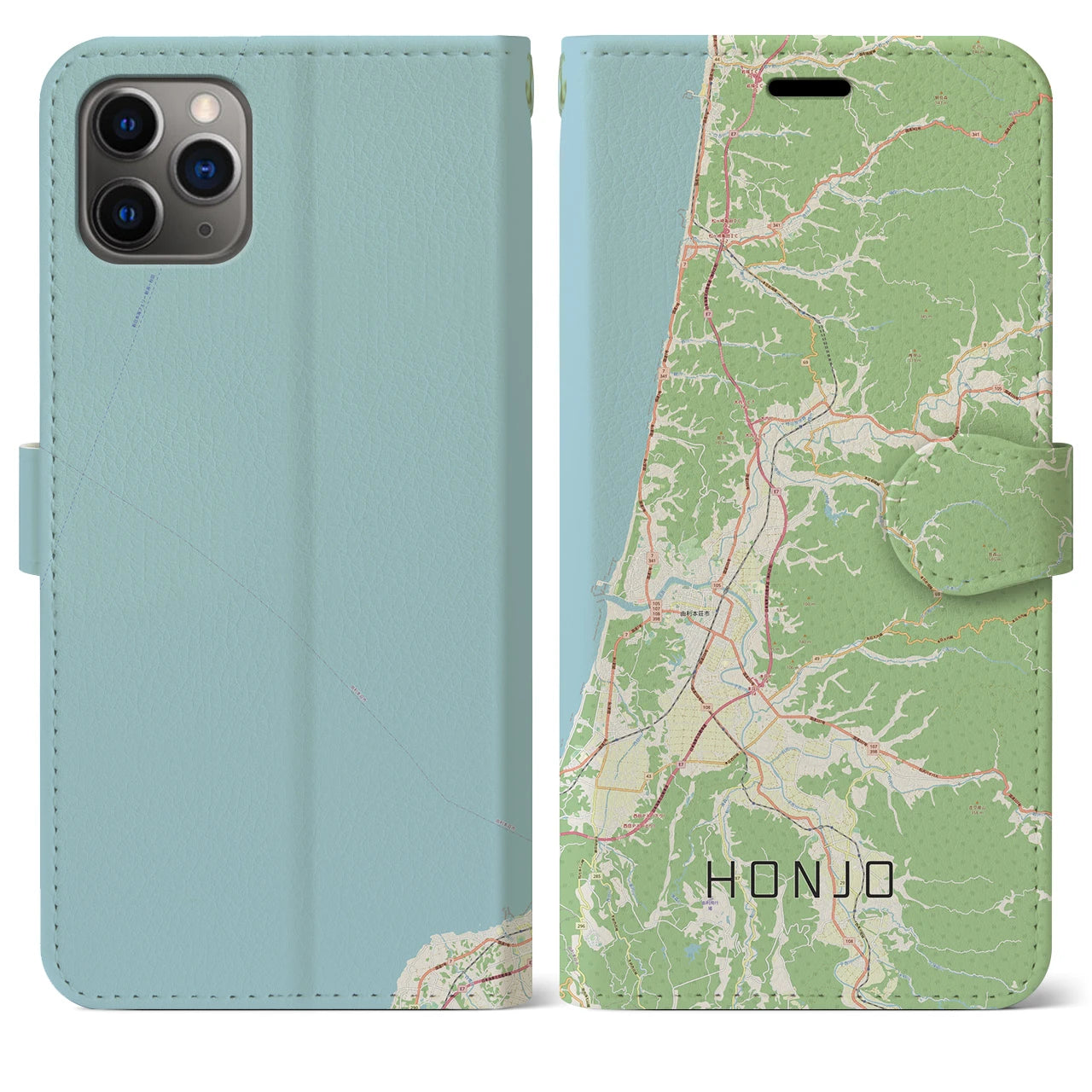 【本荘（秋田県）】地図柄iPhoneケース（手帳タイプ）ナチュラル・iPhone 11 Pro Max 用