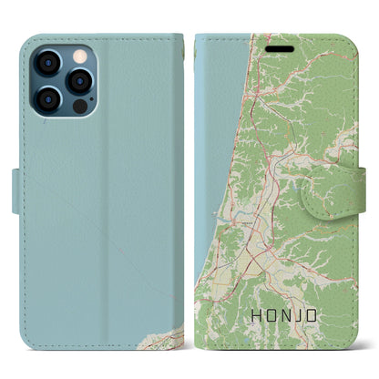 【本荘（秋田県）】地図柄iPhoneケース（手帳タイプ）ナチュラル・iPhone 12 / 12 Pro 用